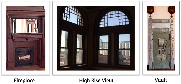 Collage of 3 interior views of the old bank building.
